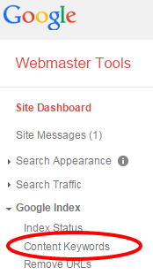 Image of menu in Google Webmaster tools, with a circle around the Content Keywords report.