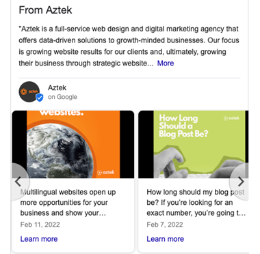 Google Posts on Aztek's Business Profile.