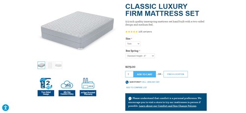 A product page from The Original Mattress Factory's custom ecommerce website.