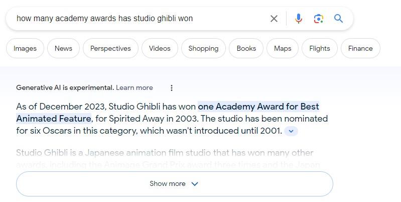 A partial Google SGE result about Studio Ghibli's Academy Award success.