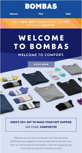 A promotional email from Bombas' welcome email series.