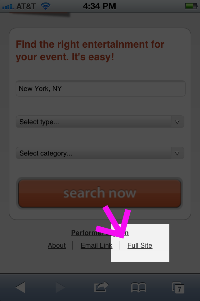 Mobile website with click here for full site link