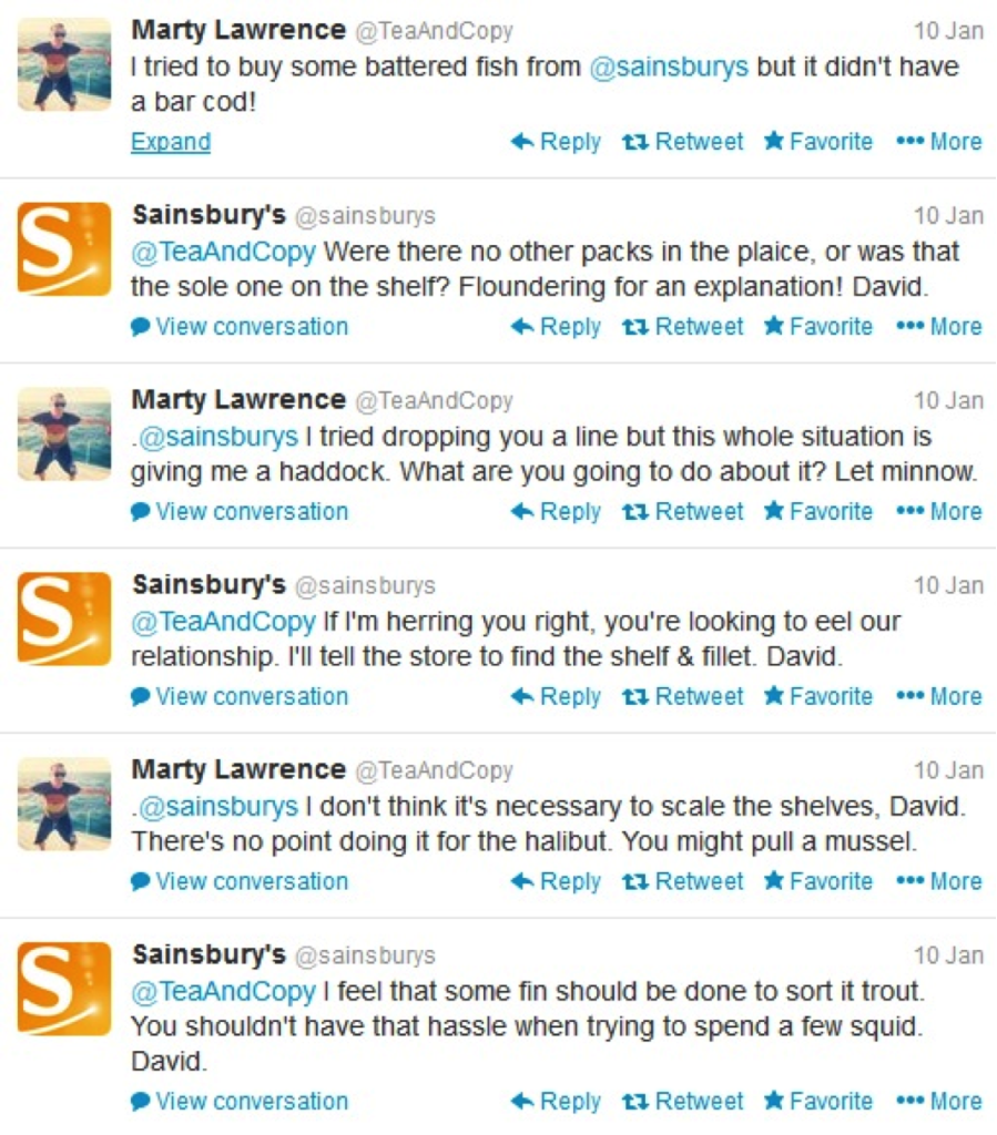 Image of a Sainsbury's Twitter exchange with a customer. Creative customer responses can lead to positive exposure for your business.