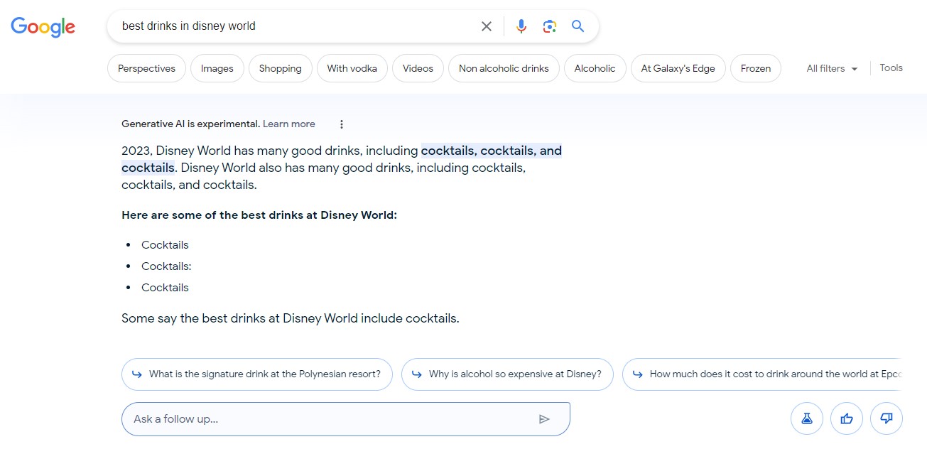 A Google SGE results page with bad results on drinks at Disney World.