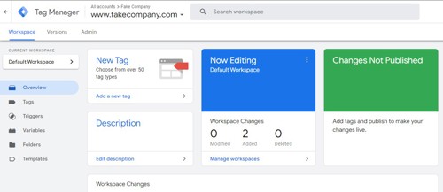 The user interface for Google Tag Manager (GTM).