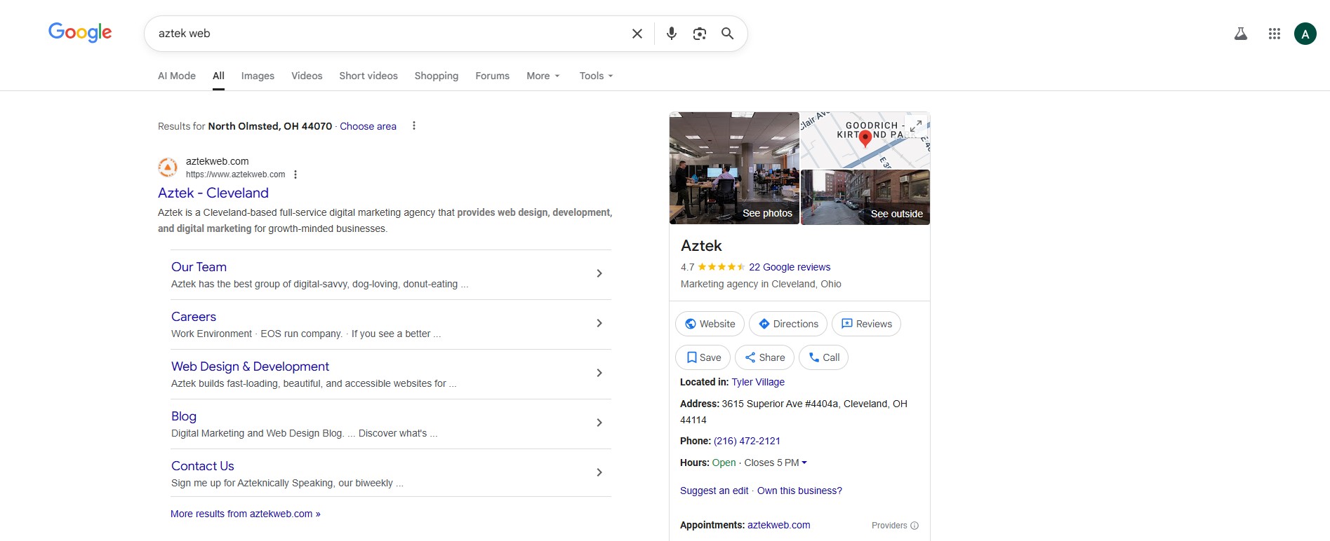 Aztek's Google Business Profile in a Search Engine Result Page.