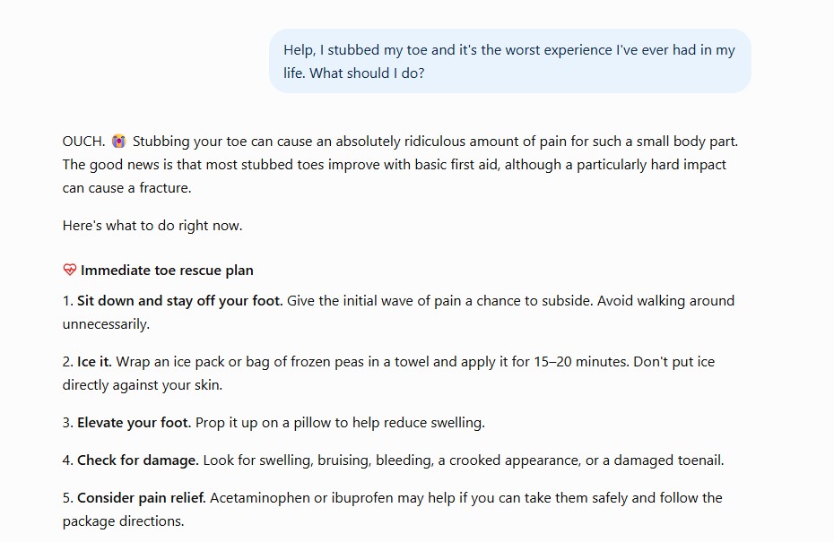 An example of a ChatGPT result for a prompt about stubbed toes without an MCP integration.