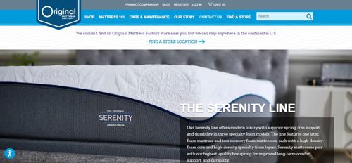 The homepage for The Original Mattress Factory's custom ecommerce website.
