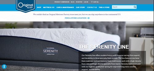The homepage for The Original Mattress Factory's custom ecommerce website.