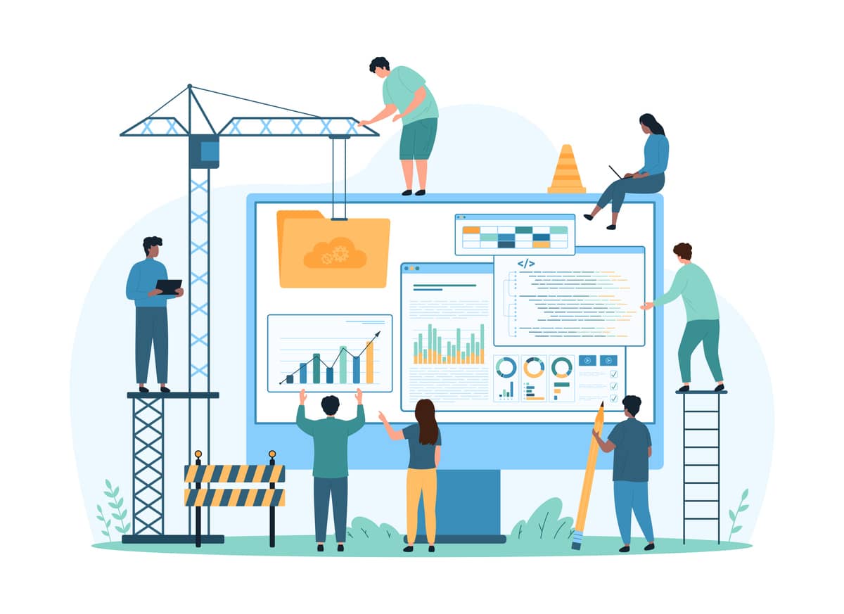 Visual representation of a digital marketing agency collaborating on a new website, symbolizing decision-making between upgrading or rebuilding an Umbraco site.
