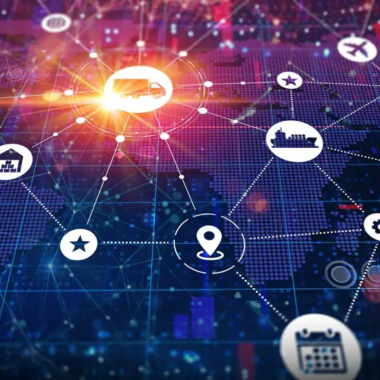 map of the world with icons of different industries connecting