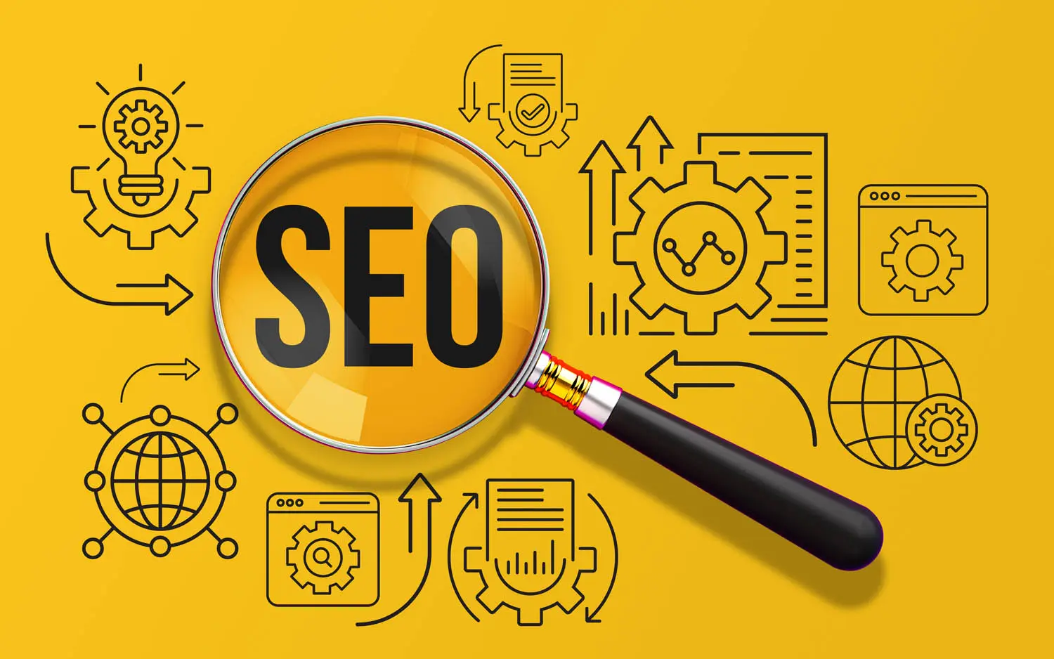 The letters SEO circled with a magnifying glass on a yellow background