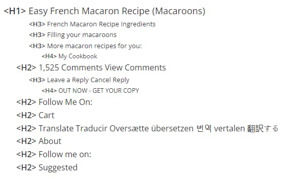 That same Macaron meta description’s page, showing hierarchical headers.