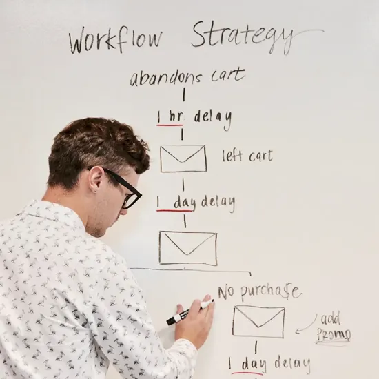 person writing strategy on a whiteboard