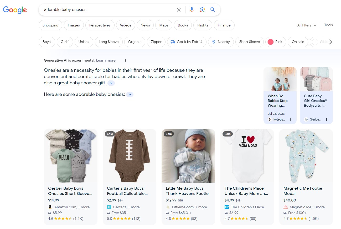 Google SGE product viewer results for adorable baby onesies.