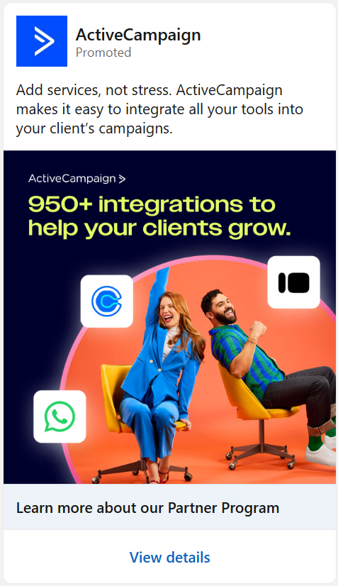 A promoted post from ActiveCampaign with bold branding.