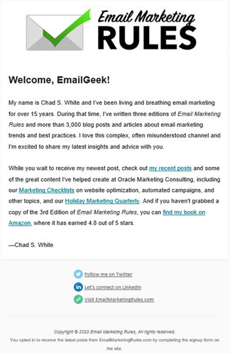 A welcome email from Email Marketing Rules.