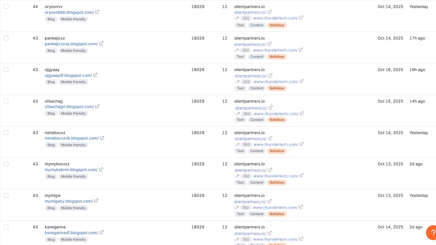 Many Blogspot subdomains linking to one page from bulk link placement.