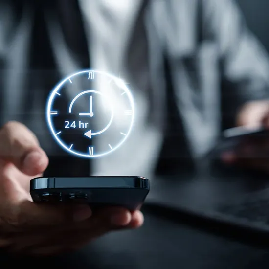 person holding phone with a 24hr time hologram above it