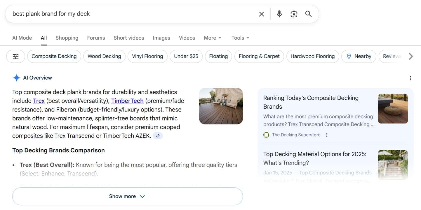 A SERP for deck planks with an AI overview.