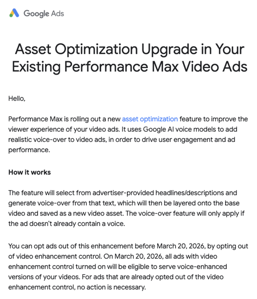 Performance Max upgrade notice from Google