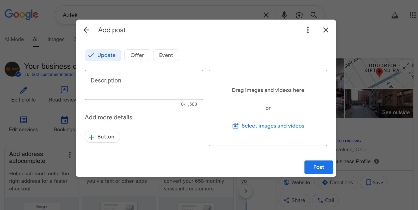 A screenshot of where to add posts and updates within Google Business Profile.