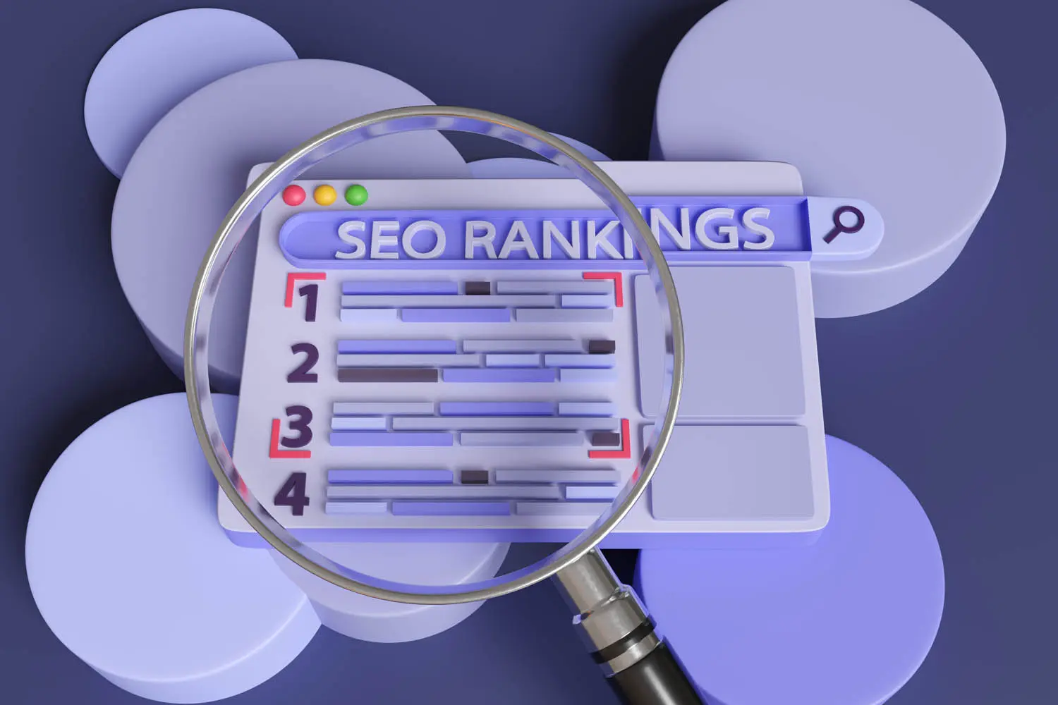SEO rankings graphic with a magnifying glass